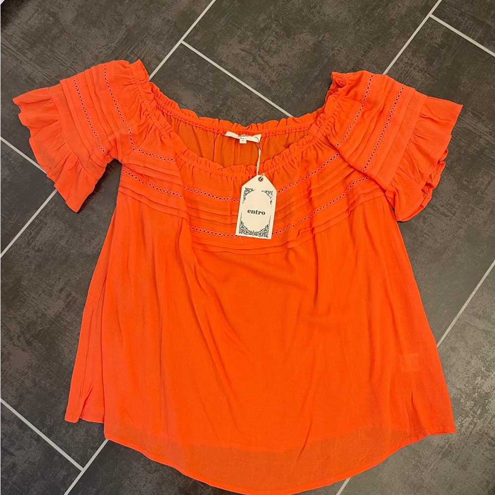 ENTRO Bright Tangerine Off/On Shoulder Rayon Blouse, Size Large, NWT